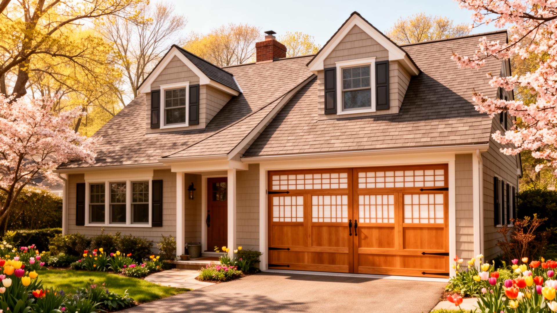 Beautiful Cape Cod home with Asian-inspired shoji screen panel garage doors in spring
